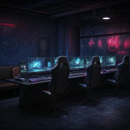 Gaming lounge with neon-lit stations