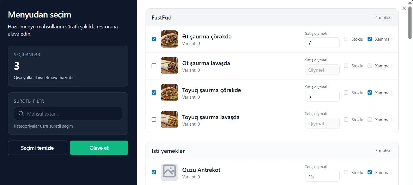 Menu template selection interface