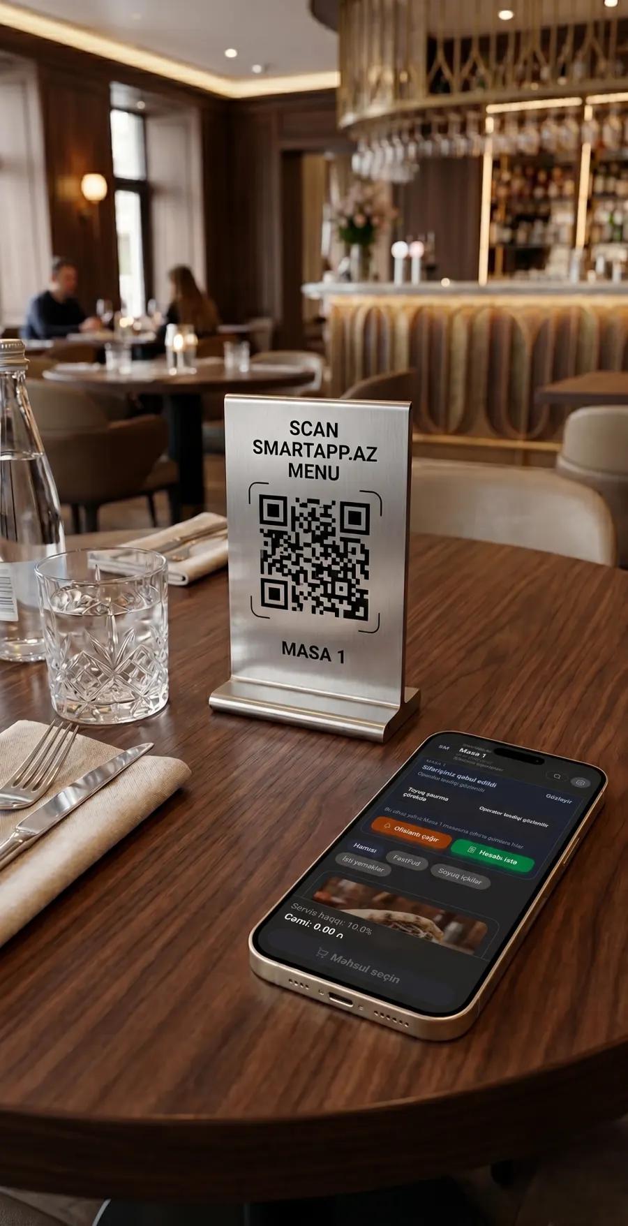 Restaurant table with QR menu stand
