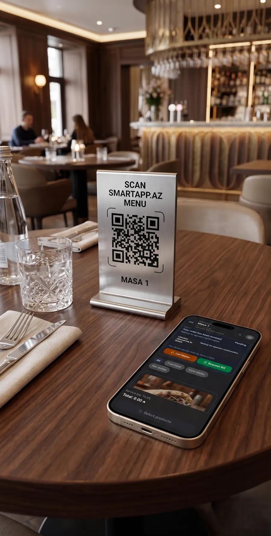 Restaurant table with QR menu stand