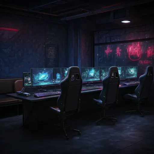 Gaming lounge with neon-lit stations