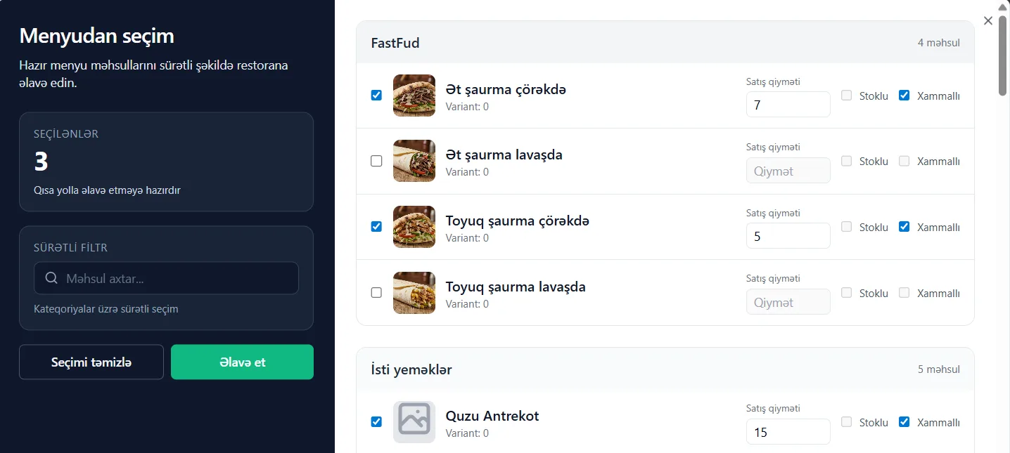 Menu template selection interface