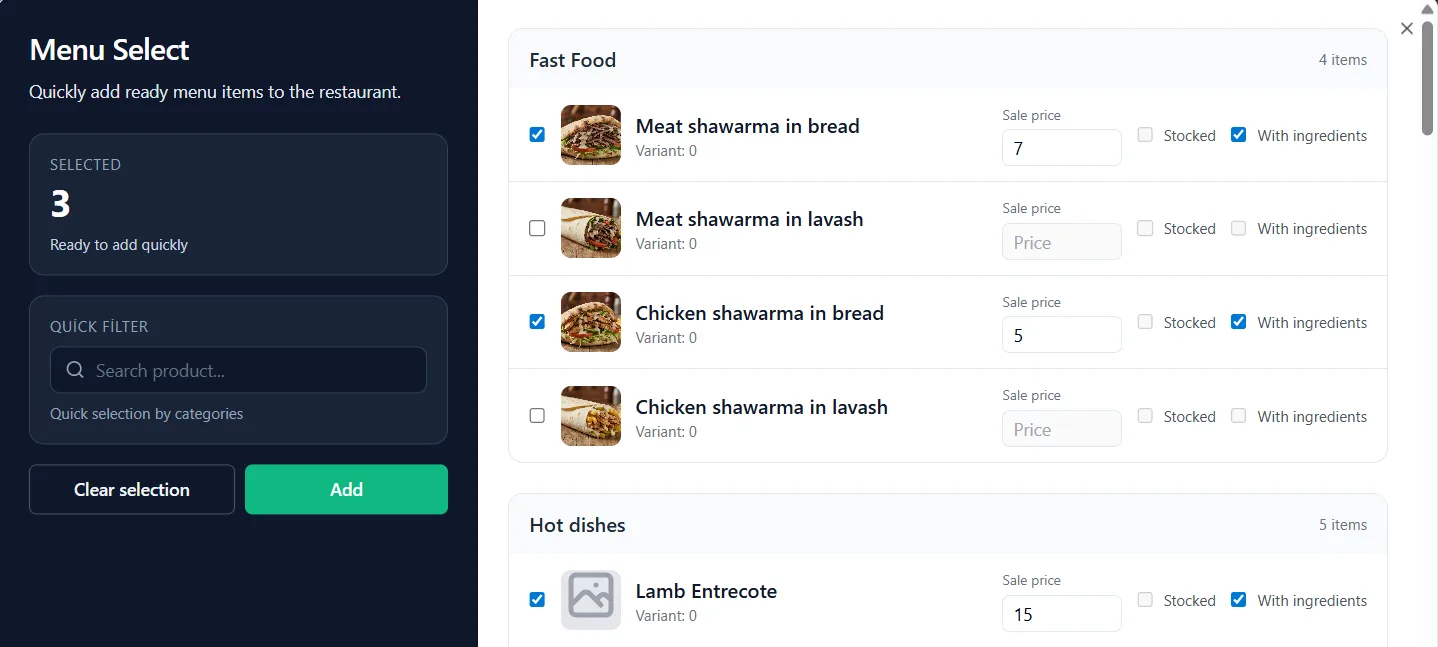 Menu template selection interface