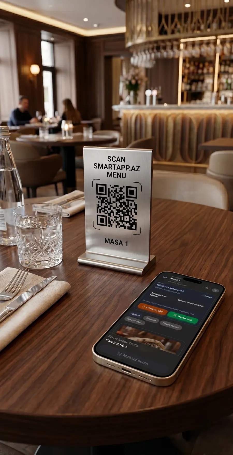 Restaurant table with QR menu stand