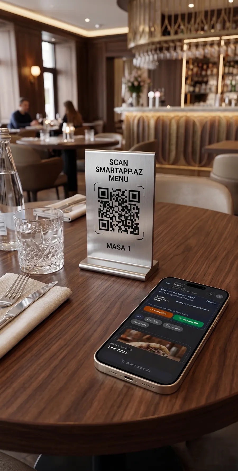 Restaurant table with QR menu stand